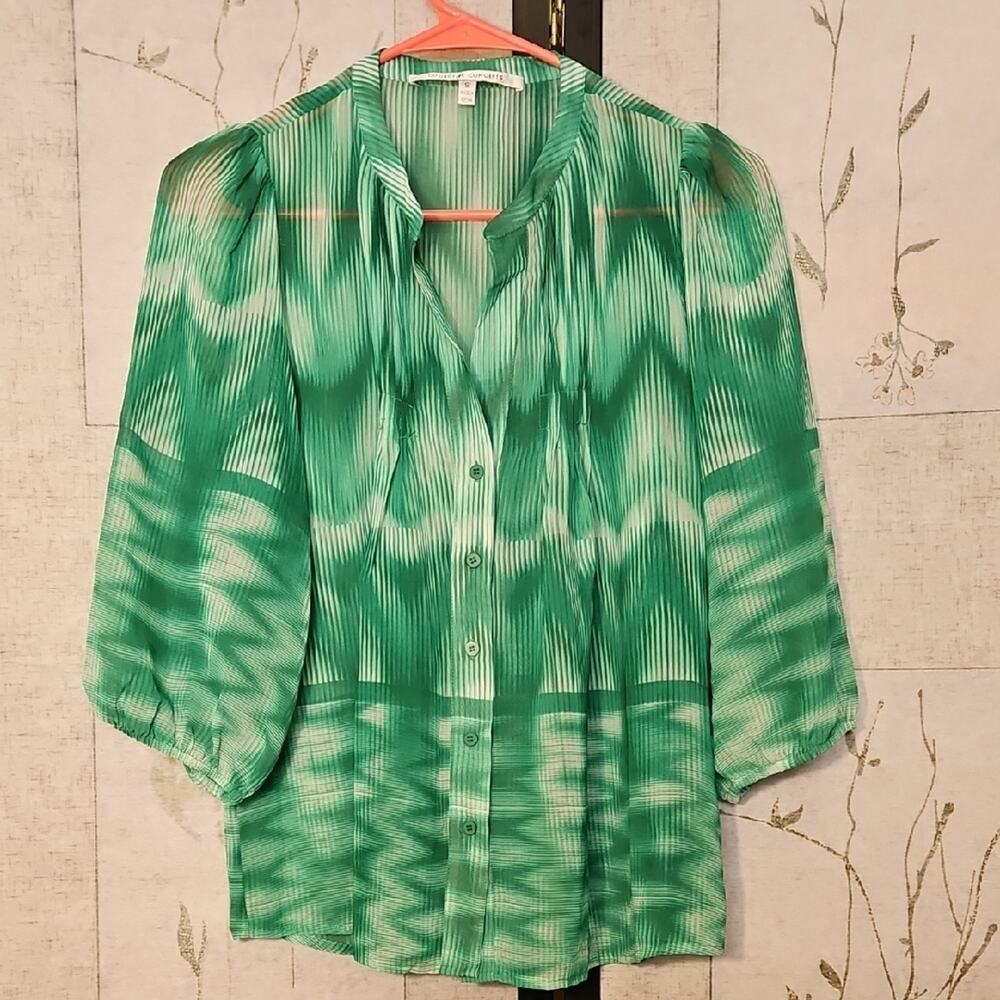 Emerald Green 3/4 Sleeve Graphic Blouse with Mandarin Collar